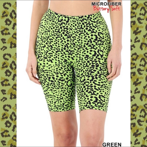 Pants - Green Leopard Print Biker Short